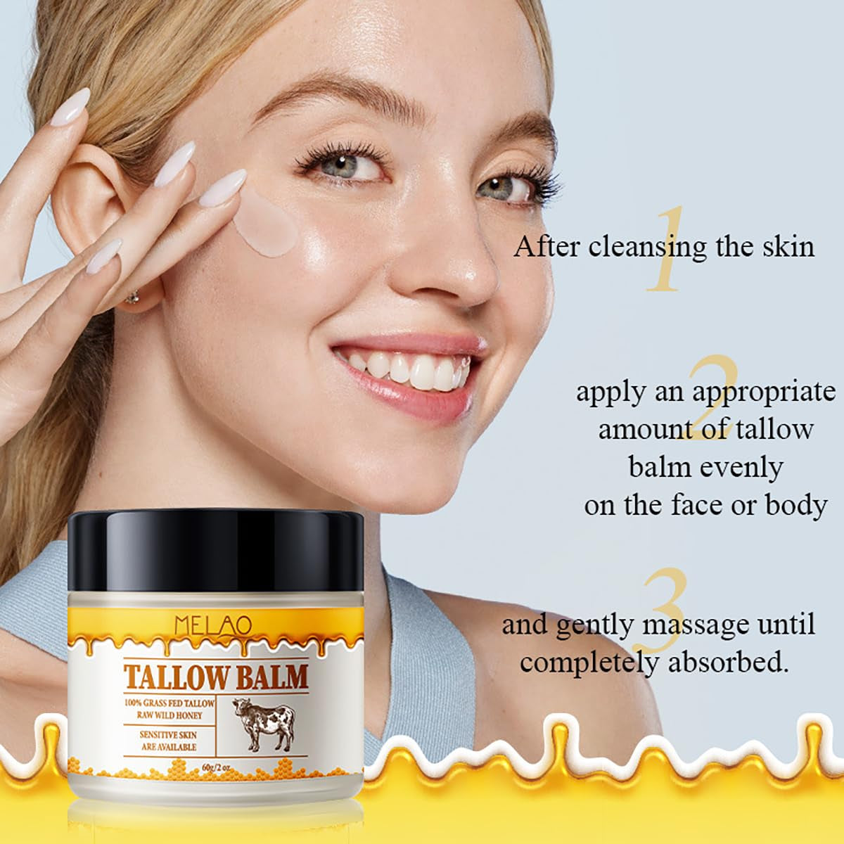 Tallow and Honey Balm for Skin Care - Grass-Fed Beef Tallow & Raw Wild Honey Blend - All Natural Moisturizing Body Oil (2 Oz)